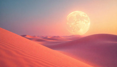 Pink Desert Dunes Under a Golden Glowing Moonの写真素材