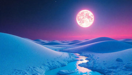 Pink moon over snowy landscape and winding water streamの写真素材