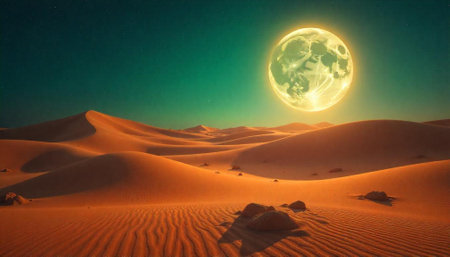 Full moon over rippled sand dunes in desert landscapeの写真素材