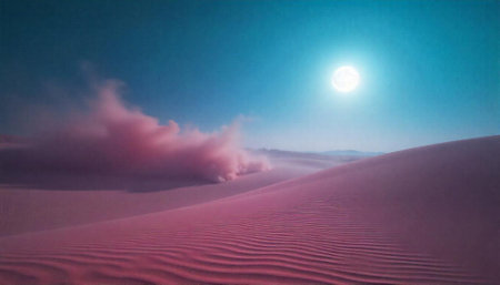 Pink desert landscape with smoke cloud and bright moonの写真素材