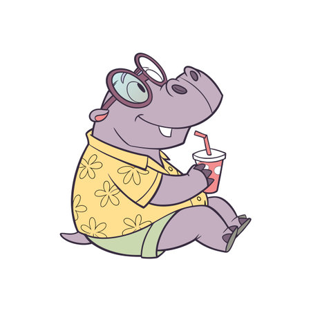 Cartoon hippo enjoying a beverage in vacation apparel styleのイラスト素材