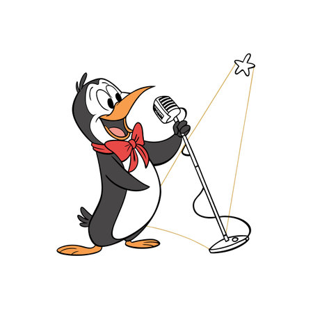 Cartoon penguin crooner entertains with vintage microphone and stage starのイラスト素材
