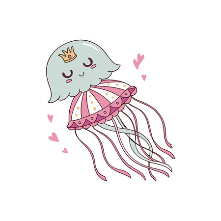 Cute jellyfish with crown surrounded by floating pink heartsのイラスト素材