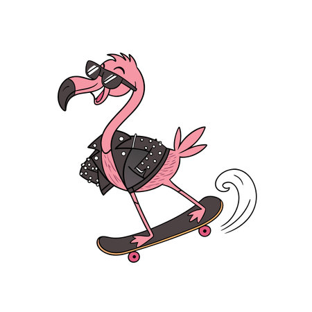 Fun cartoon flamingo skateboarding with cool black leather jacketのイラスト素材