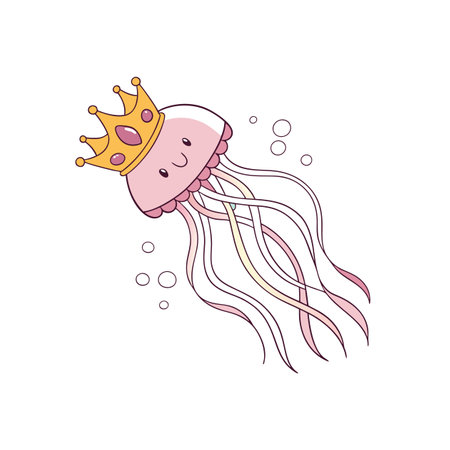 Cartoon jellyfish wearing crown swimming in the ocean waterのイラスト素材
