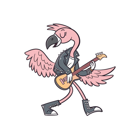 Cartoon flamingo rockstar playing electric guitar on white backgroundのイラスト素材