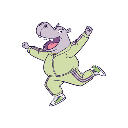 Cheerful Cartoon Hippo Running and Exercising in Green Tracksuitのイラスト素材