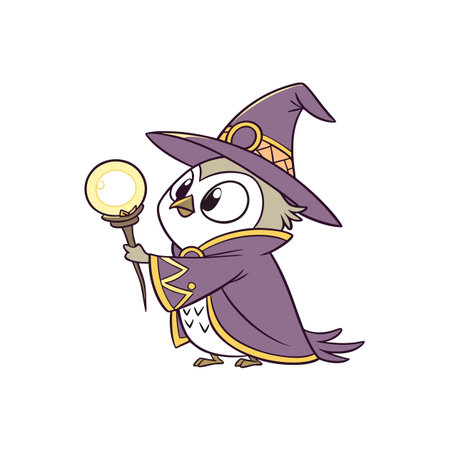 Cartoon owl wizard with glowing staff against white backgroundのイラスト素材