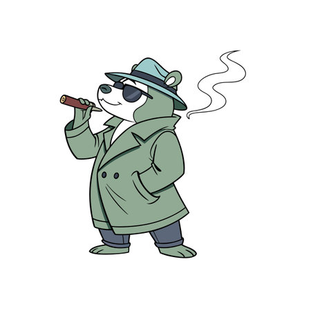 Cartoon bear detective smoking a cigar with hatのイラスト素材