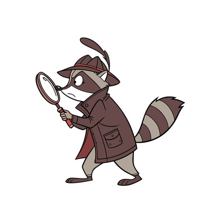 Cartoon raccoon detective with magnifying glass in brown coatのイラスト素材