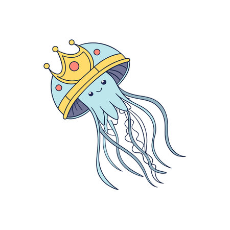 Cute cartoon jellyfish wearing a crown on a white backgroundのイラスト素材