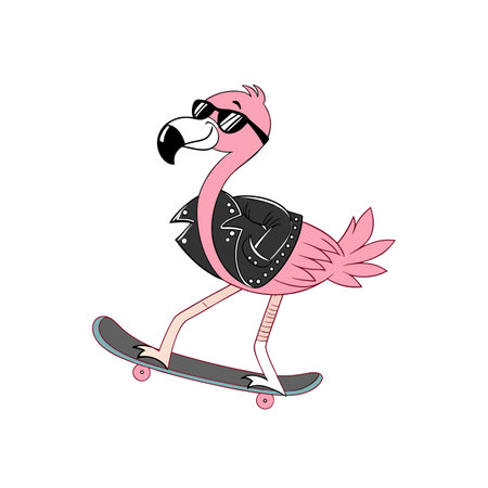Cartoon flamingo riding skateboard wearing a leather jacketのイラスト素材