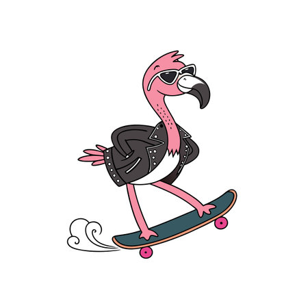 Cool flamingo skateboarding with a leather jacket illustrationのイラスト素材