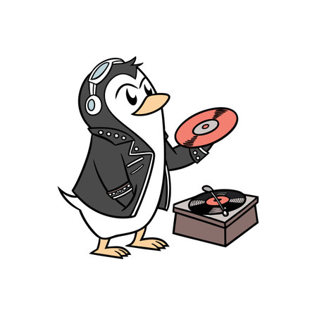 Cartoon penguin DJ with headphones and record turntable setupのイラスト素材