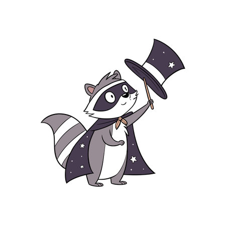 Cartoon Raccoon Magician with Wand and Top Hat Imageのイラスト素材