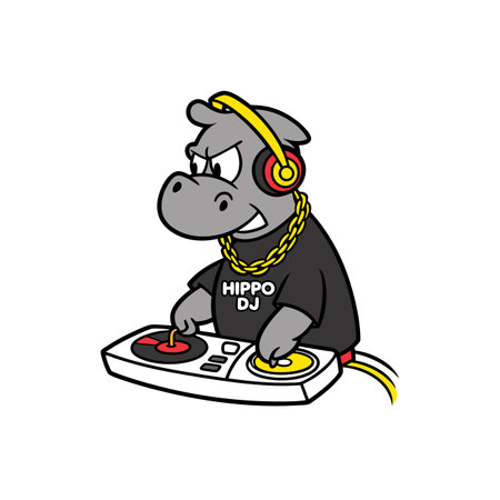 Cool hippo DJ mixing music with turntable equipmentのイラスト素材