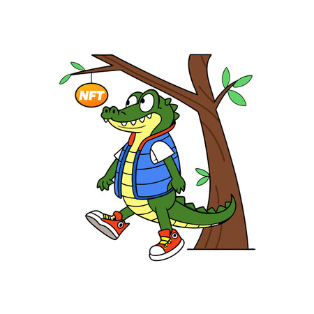 Cartoon crocodile wearing sneakers near a tree with NFTのイラスト素材