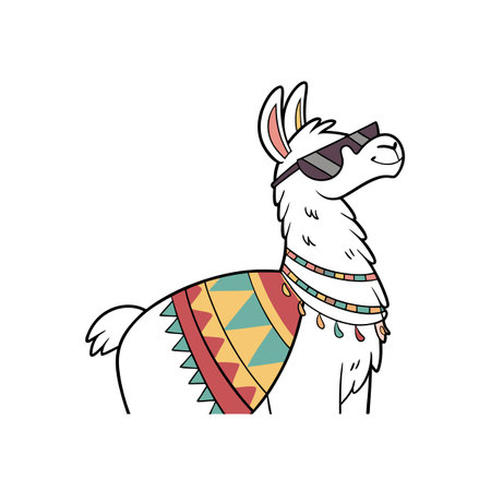 Cartoon llama wearing sunglasses and a colorful blanket ponchoのイラスト素材