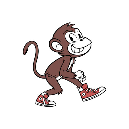 Cheerful cartoon monkey character strolling in red sneakers illustration
