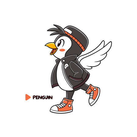 Cartoon penguin character wearing a jacket and sneakers illustrationのイラスト素材