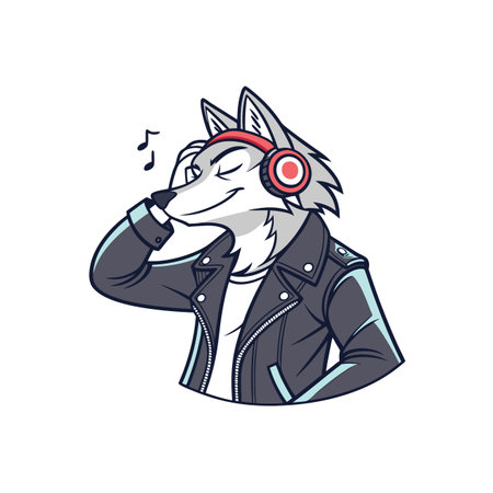 Anthropomorphic wolf character enjoying music in leather jacket