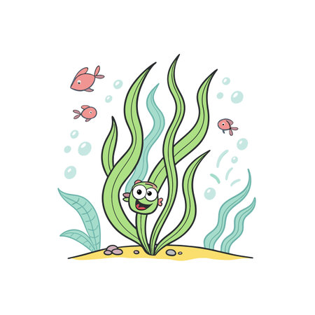 Cartoon fish in seaweed underwater illustration with bubblesのイラスト素材