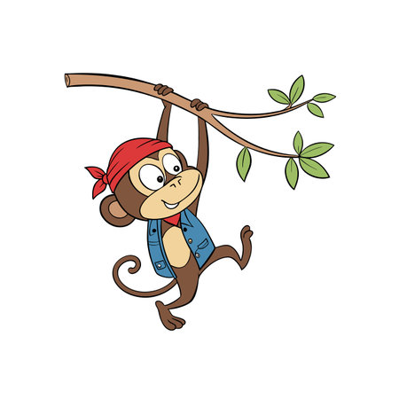 Cartoon monkey hanging from a branch with leaves vectorのイラスト素材