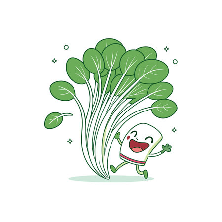 Cartoon character excitedly plays with bunch of leafy greensのイラスト素材