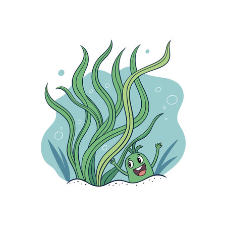 Cheerful cartoon character waving from underwater seaweed gardenのイラスト素材