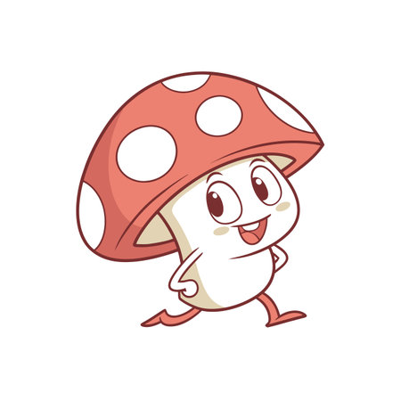 Cartoon mushroom character with polka dots walking and smilingのイラスト素材