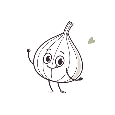 Cartoon Garlic Character Waving With Smiling Face and Small Heartのイラスト素材