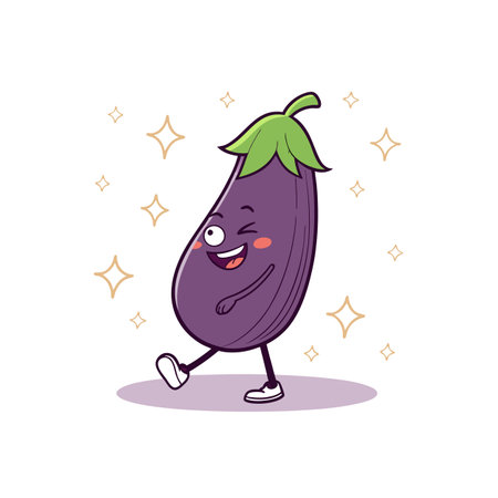 Cartoon Eggplant Character Walking with Smiling Face and Sparklesのイラスト素材