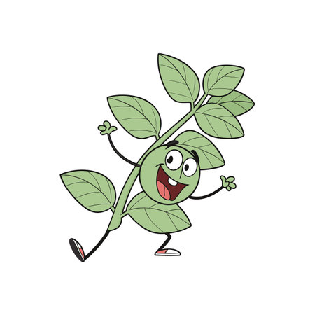 Happy cartoon plant character with leaves waving helloのイラスト素材