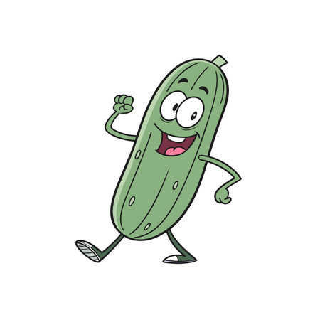 Happy cartoon cucumber character walking and waving enthusiasticallyのイラスト素材