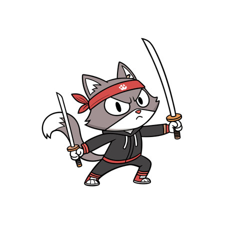 Cartoon ninja cat wielding swords in action pose illustrationのイラスト素材