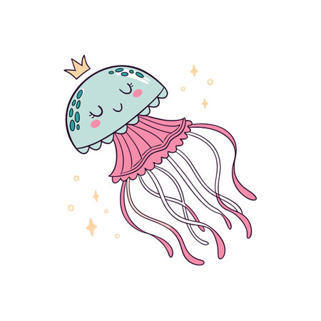 Cartoon jellyfish princess with crown surrounded by sparkles vectorのイラスト素材