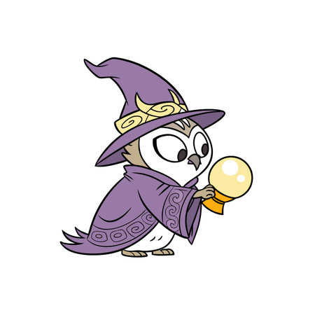 Cartoon owl wizard holding a glowing crystal ballのイラスト素材