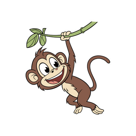 Cartoon monkey swinging happily on a branch of tree