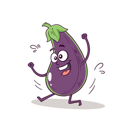 Cartoon eggplant character running happily on a white backgroundのイラスト素材