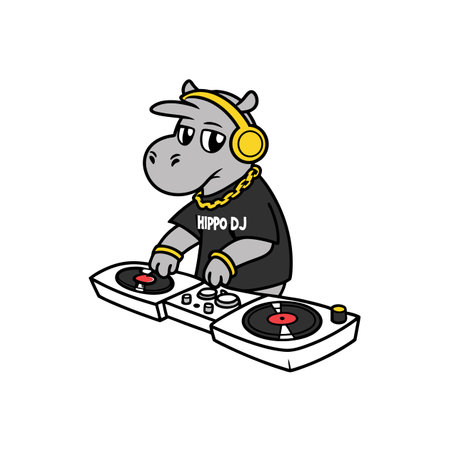 Cartoon hippo DJ mixing music on turntables illustrationのイラスト素材