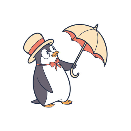 Cartoon penguin illustration holding umbrella, wearing hat and bowのイラスト素材