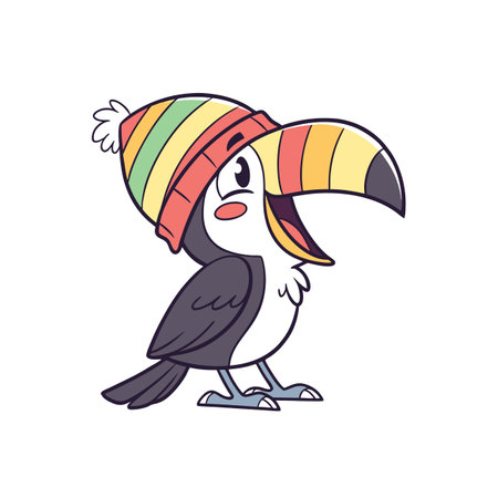 Cartoon Toucan Bird Wearing Striped Winter Hat Illustrationのイラスト素材