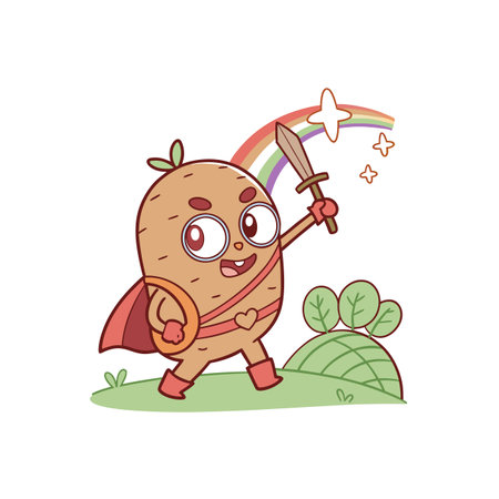 Cartoon potato character heroically marching with sword under rainbowのイラスト素材