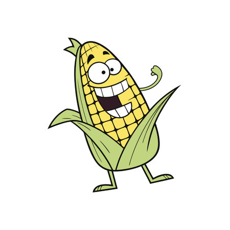 Happy corn cartoon character waving cheerfully on a white backgroundのイラスト素材