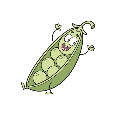 Cartoon pea pod character cheerfully jumping with joyのイラスト素材