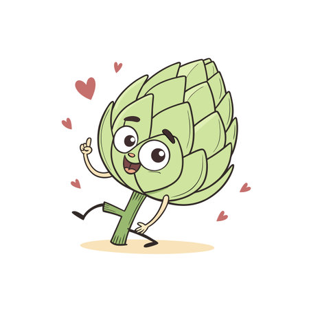 Happy artichoke character surrounded by hearts on white backgroundのイラスト素材