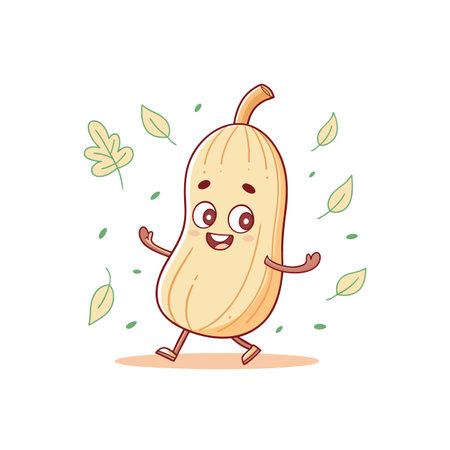 Cartoon butternut squash character walking with falling leaves aroundのイラスト素材