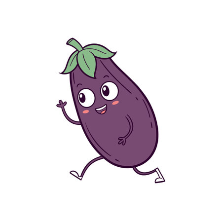 Running cartoon eggplant character with cheerful expression on whiteのイラスト素材