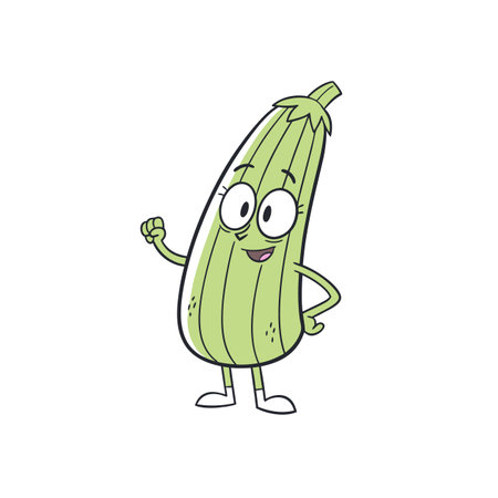 Playful cartoon zucchini character waving hello with happy expressionのイラスト素材