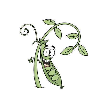 Cartoon pea pod character with smiling face and vineのイラスト素材